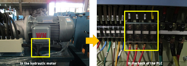 connect hydraulic station motors with PLC in corresponding place Подключите электрические провода главного двигателя машины от главной машины к ПЛК.